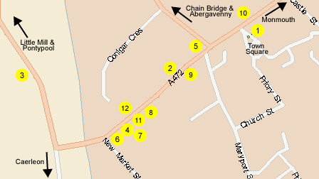 Map of Usk showing location of cafes and restaurants