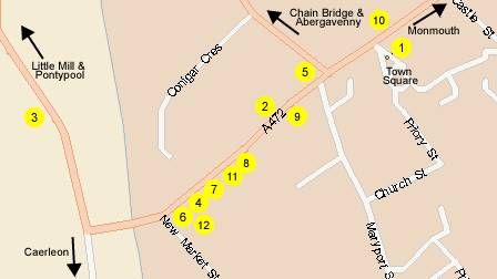 Map of Usk showing location of cafes and restaurants