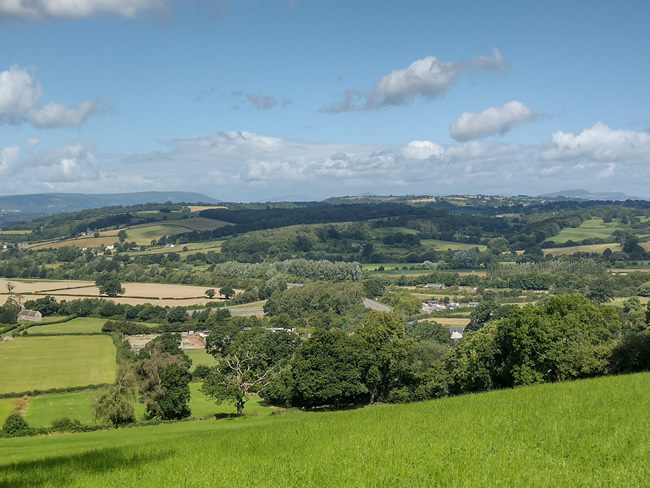 Looking west to Llangeview Church and Usk from Newhouse Wood